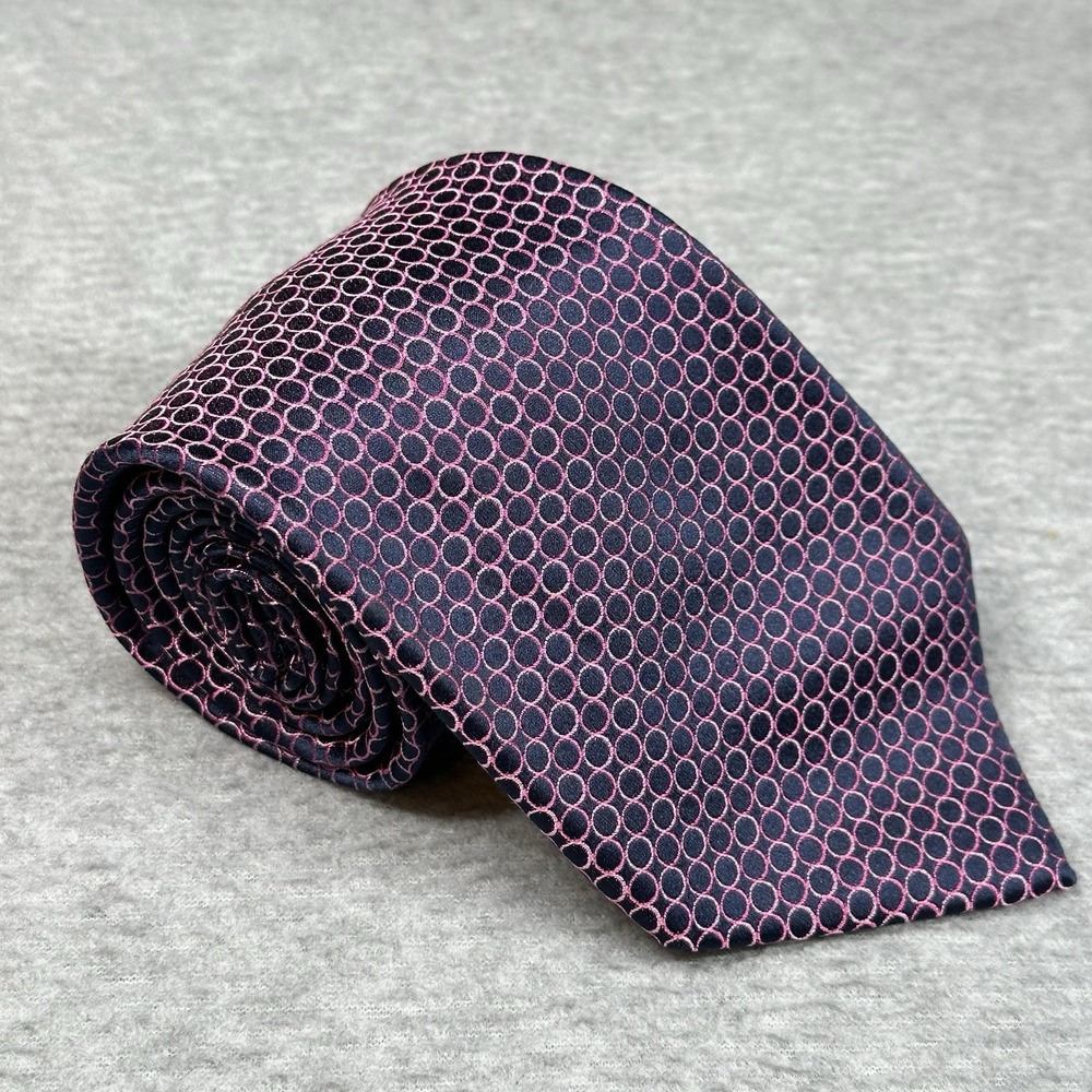 Beau Brummel Soho 100% Silk‎ Handmade Navy Pink Circle Geo Tie Men Designer